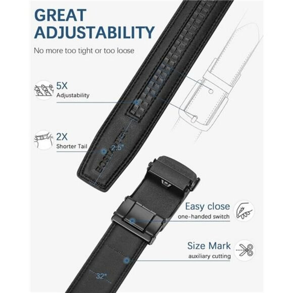 Mens Leather Ratchet Belt Adjustable Slide Buckle Dress Casual Trim to Fit - Picture 3 of 7